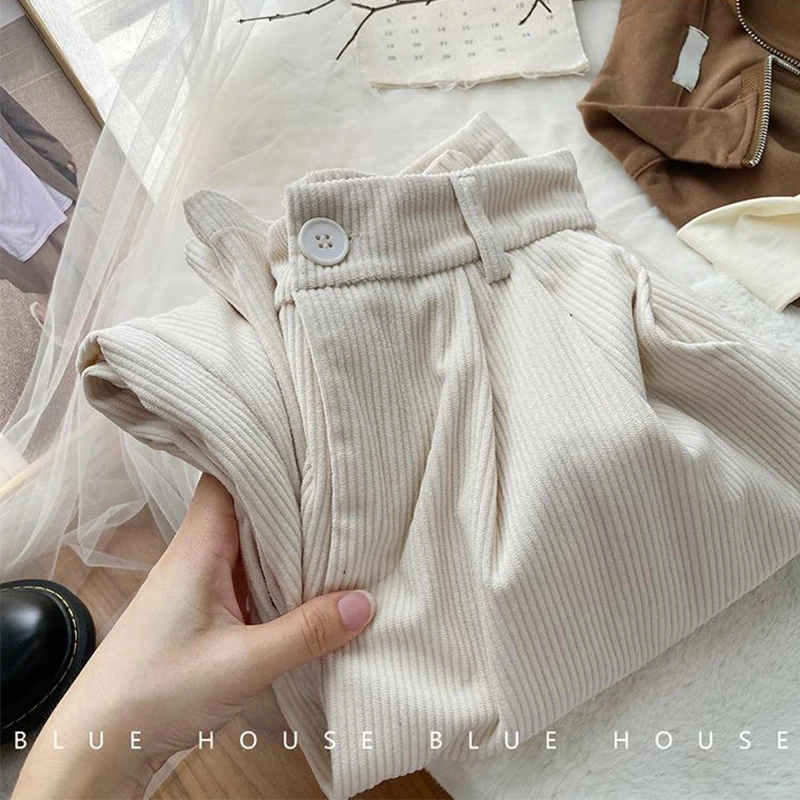 ZOKI High Waist Women Retro Corduroy Pants Fall Straight Causal Full Length Trousers Vintage Coffee Pockets All Match Pants New