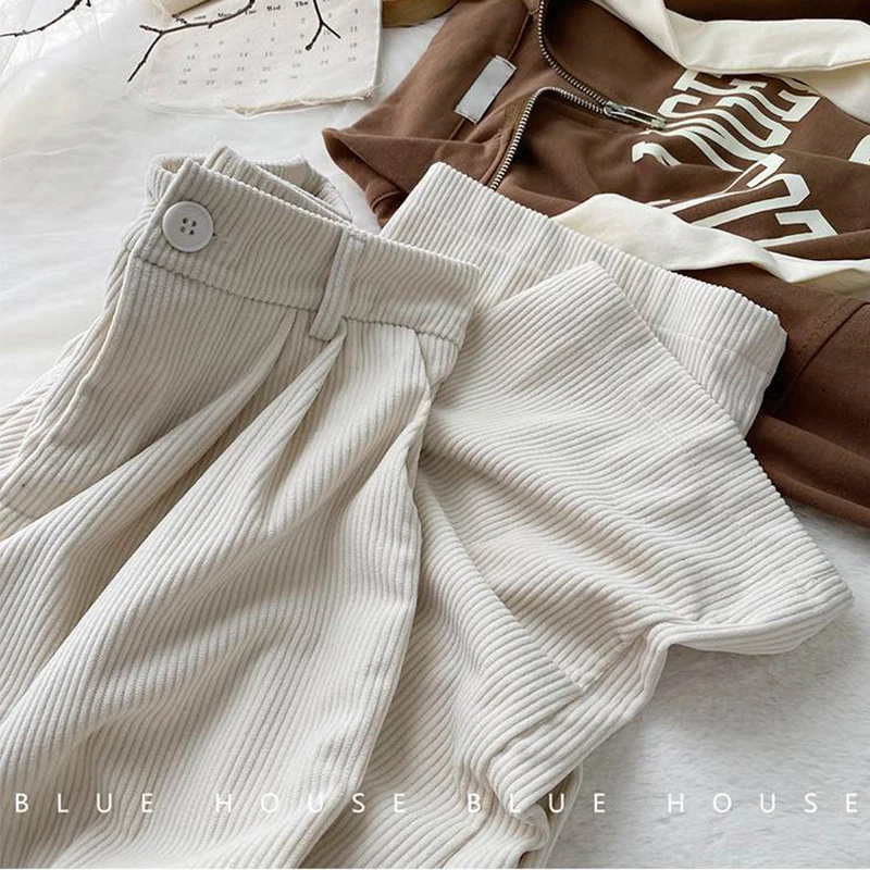 ZOKI High Waist Women Retro Corduroy Pants Fall Straight Causal Full Length Trousers Vintage Coffee Pockets All Match Pants New