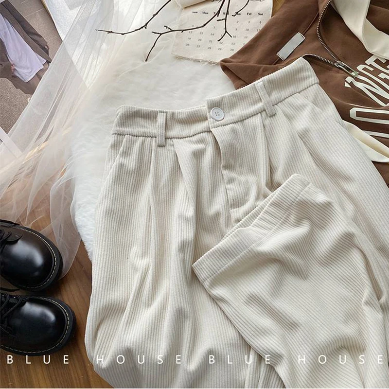 ZOKI High Waist Women Retro Corduroy Pants Fall Straight Causal Full Length Trousers Vintage Coffee Pockets All Match Pants New