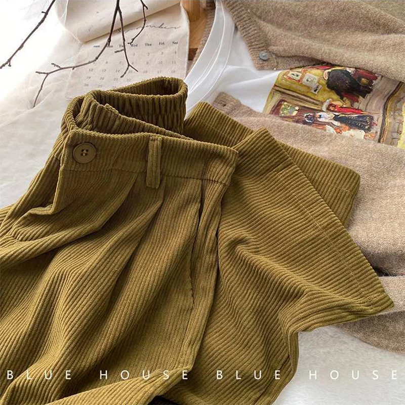ZOKI High Waist Women Retro Corduroy Pants Fall Straight Causal Full Length Trousers Vintage Coffee Pockets All Match Pants New