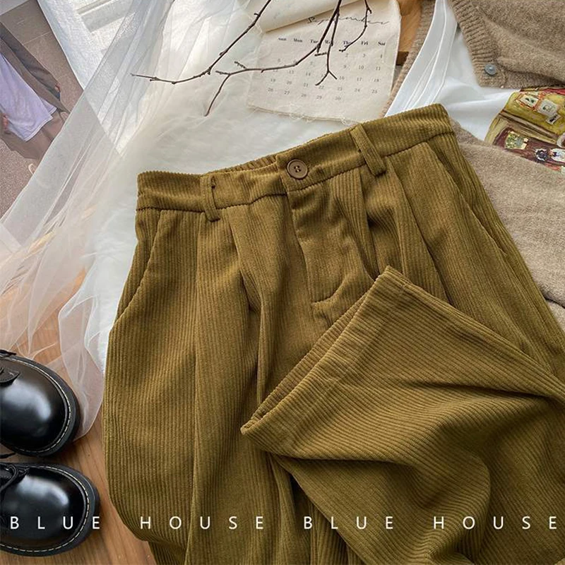 ZOKI High Waist Women Retro Corduroy Pants Fall Straight Causal Full Length Trousers Vintage Coffee Pockets All Match Pants New