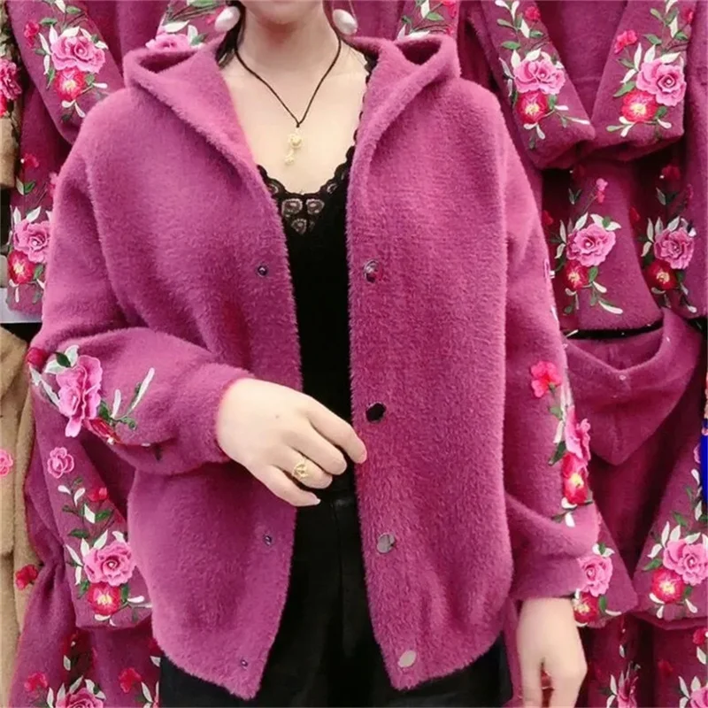 Women's Autumn And Winter Online Celebrity Explosions Embroidered Flowers Chinese Style Mink Wool Hooded Elastic Cardigan Coat