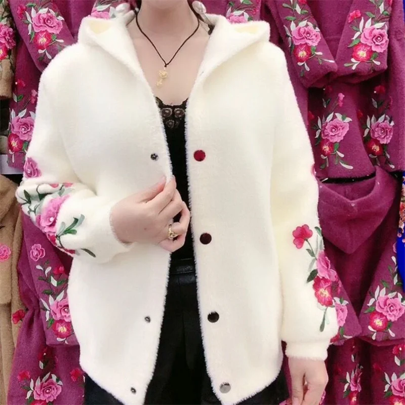 Women's Autumn And Winter Online Celebrity Explosions Embroidered Flowers Chinese Style Mink Wool Hooded Elastic Cardigan Coat