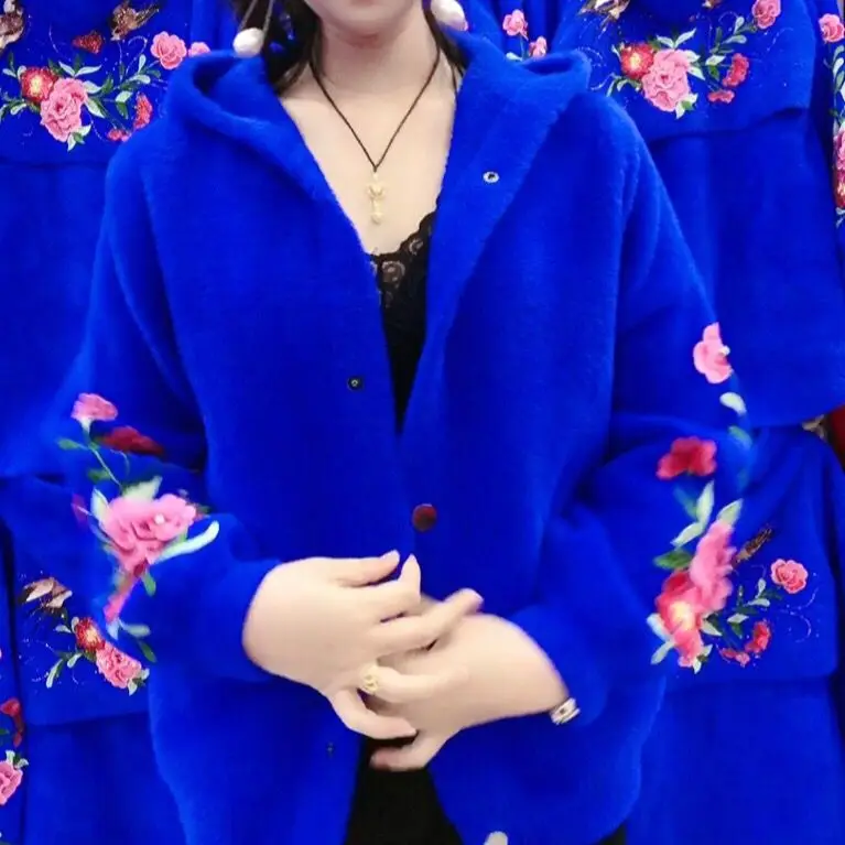 Women's Autumn And Winter Online Celebrity Explosions Embroidered Flowers Chinese Style Mink Wool Hooded Elastic Cardigan Coat