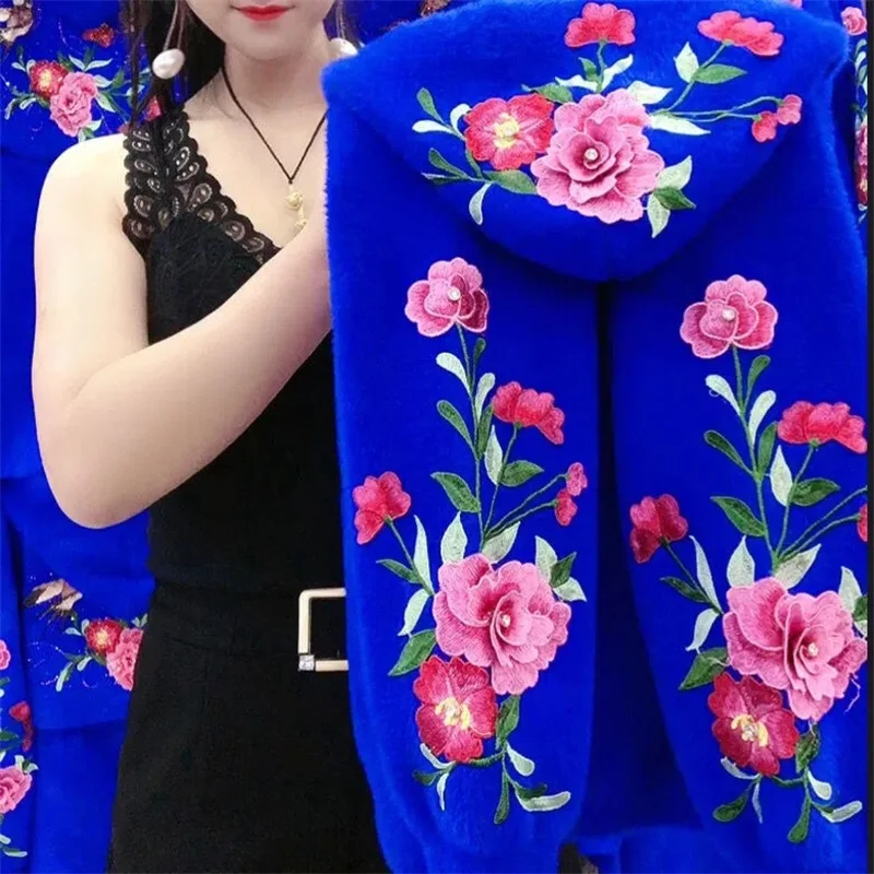 Women's Autumn And Winter Online Celebrity Explosions Embroidered Flowers Chinese Style Mink Wool Hooded Elastic Cardigan Coat