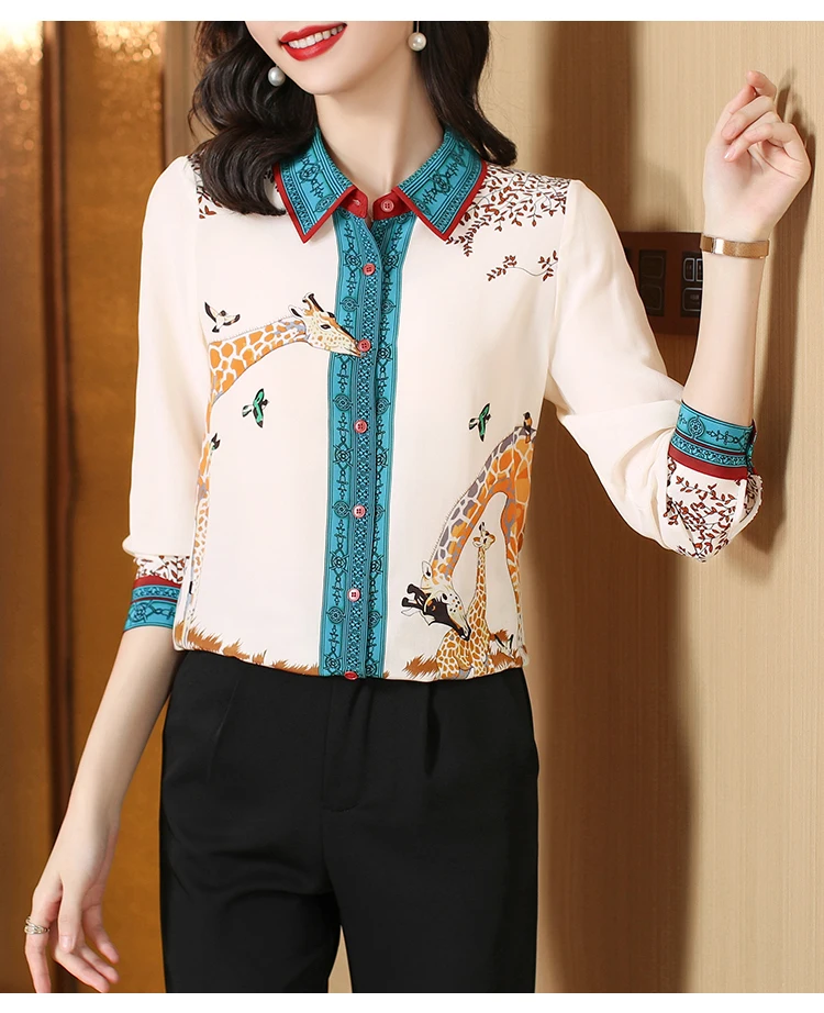 FANIECES Plus Size 3XL Giraffe Print Women Shirts Long Sleeve Lapel Satin Blouse Spring Female Tops Elegant Office Ladies Blusas