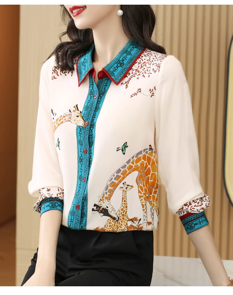 FANIECES Plus Size 3XL Giraffe Print Women Shirts Long Sleeve Lapel Satin Blouse Spring Female Tops Elegant Office Ladies Blusas