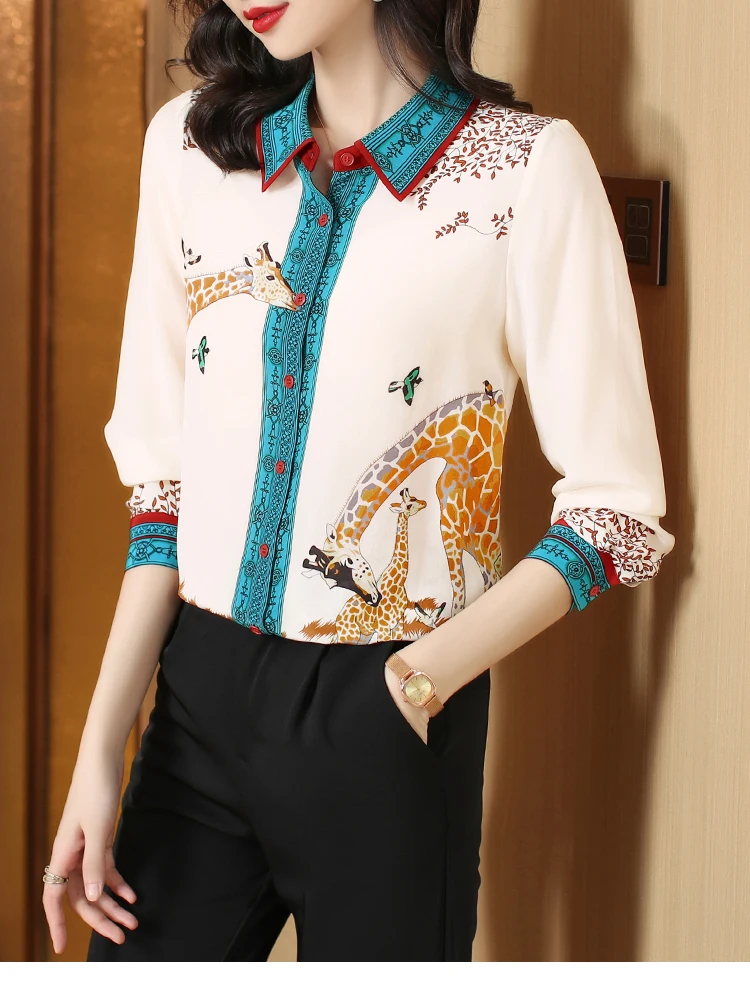 FANIECES Plus Size 3XL Giraffe Print Women Shirts Long Sleeve Lapel Satin Blouse Spring Female Tops Elegant Office Ladies Blusas