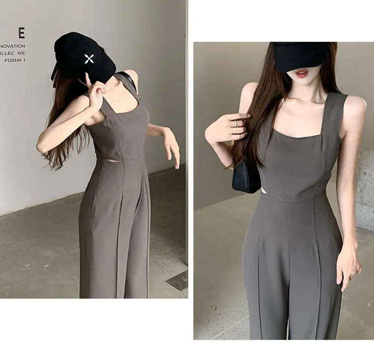 Jumpsuit Women 2023 Summer Women's New Waist Hollow Sleeveless Black Romper For Ladies Casual Straight Trousers Long Overalls