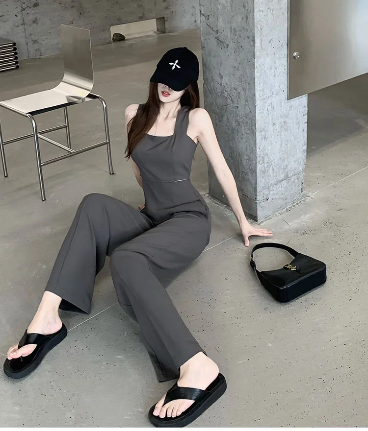 Jumpsuit Women 2023 Summer Women's New Waist Hollow Sleeveless Black Romper For Ladies Casual Straight Trousers Long Overalls