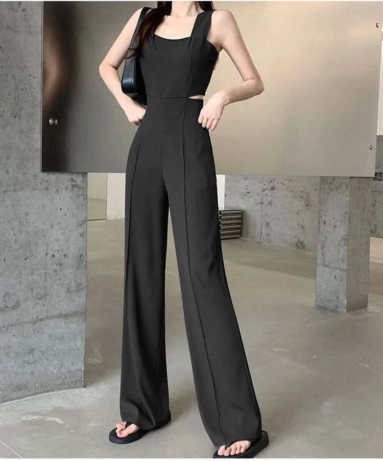 Jumpsuit Women 2023 Summer Women's New Waist Hollow Sleeveless Black Romper For Ladies Casual Straight Trousers Long Overalls