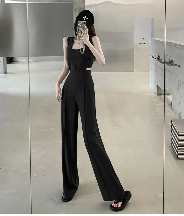 Jumpsuit Women 2023 Summer Women's New Waist Hollow Sleeveless Black Romper For Ladies Casual Straight Trousers Long Overalls