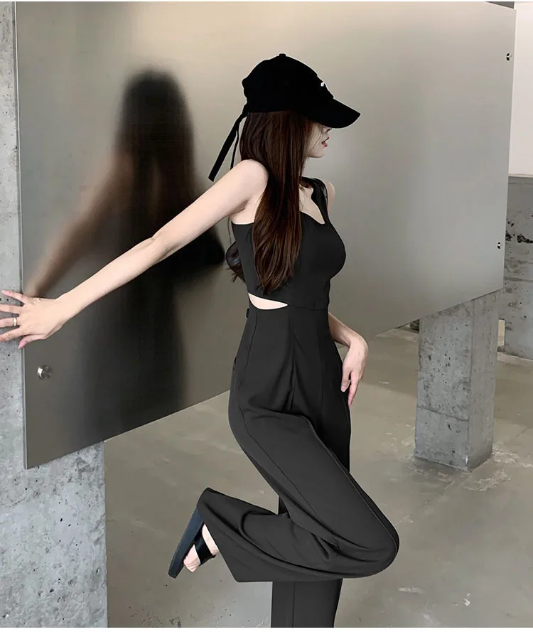 Jumpsuit Women 2023 Summer Women's New Waist Hollow Sleeveless Black Romper For Ladies Casual Straight Trousers Long Overalls