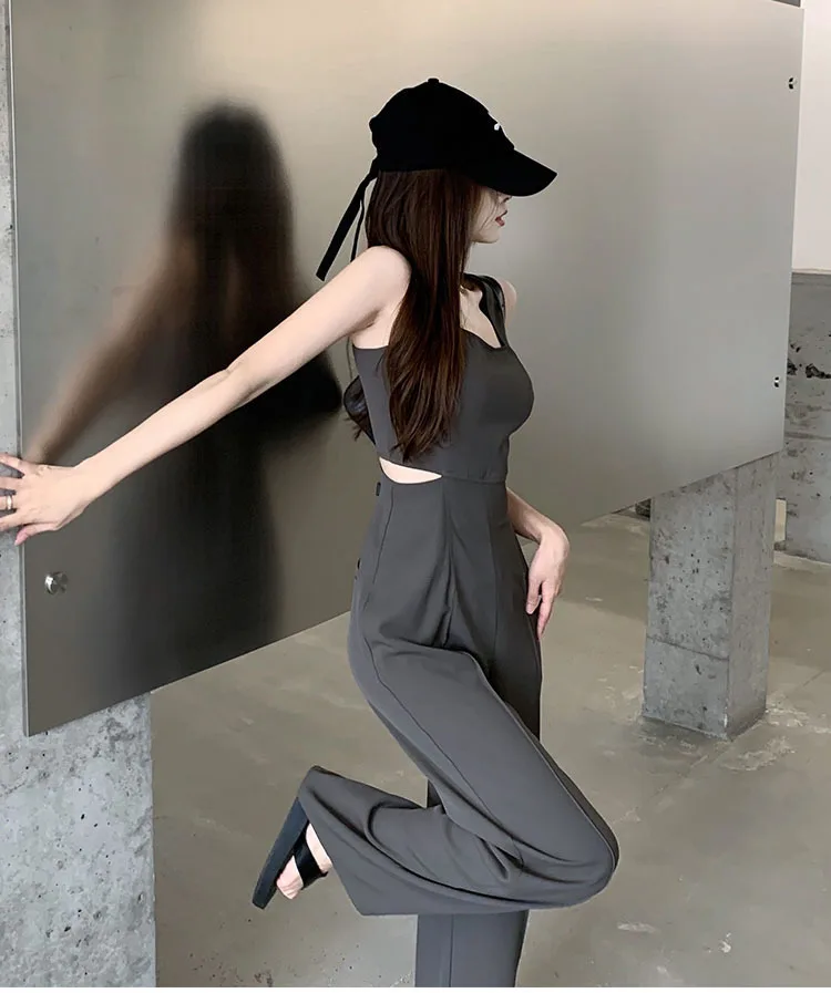 Jumpsuit Women 2023 Summer Women's New Waist Hollow Sleeveless Black Romper For Ladies Casual Straight Trousers Long Overalls