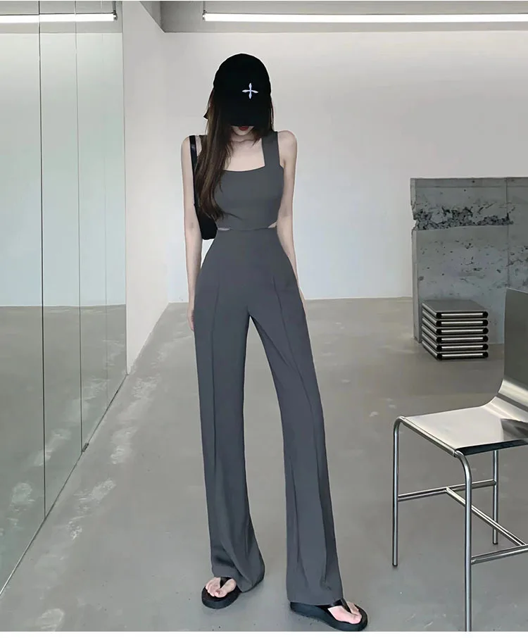 Jumpsuit Women 2023 Summer Women's New Waist Hollow Sleeveless Black Romper For Ladies Casual Straight Trousers Long Overalls