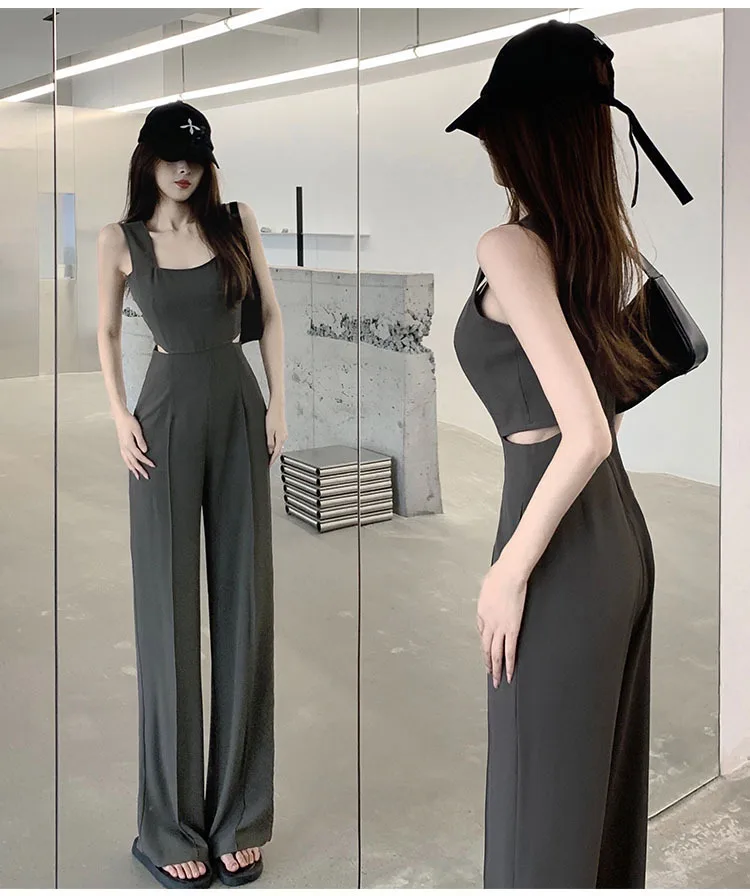 Jumpsuit Women 2023 Summer Women's New Waist Hollow Sleeveless Black Romper For Ladies Casual Straight Trousers Long Overalls