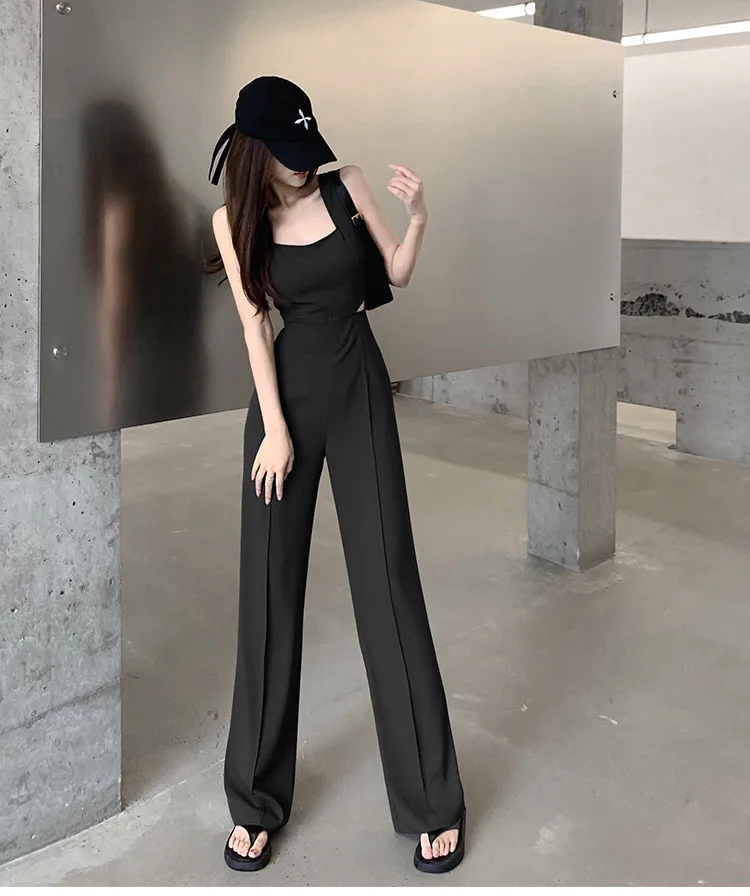 Jumpsuit Women 2023 Summer Women's New Waist Hollow Sleeveless Black Romper For Ladies Casual Straight Trousers Long Overalls