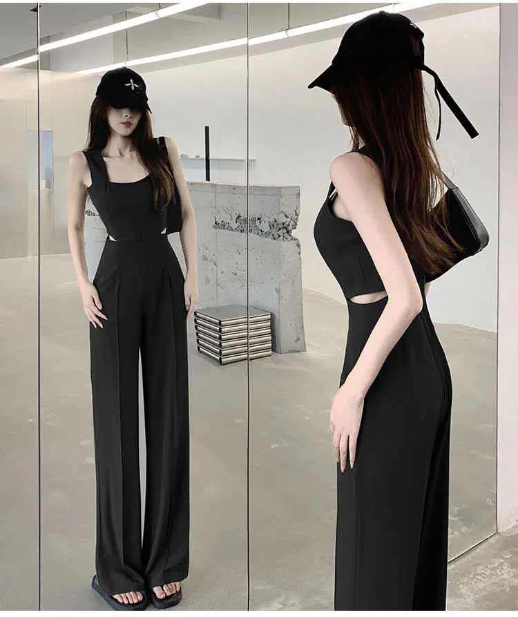 Jumpsuit Women 2023 Summer Women's New Waist Hollow Sleeveless Black Romper For Ladies Casual Straight Trousers Long Overalls