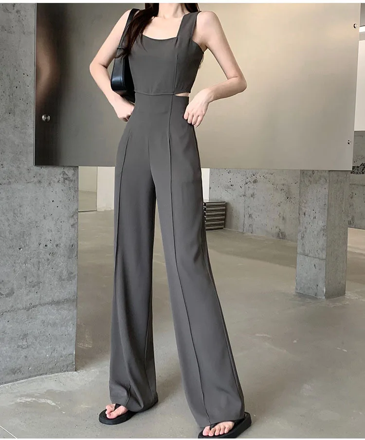 Jumpsuit Women 2023 Summer Women's New Waist Hollow Sleeveless Black Romper For Ladies Casual Straight Trousers Long Overalls