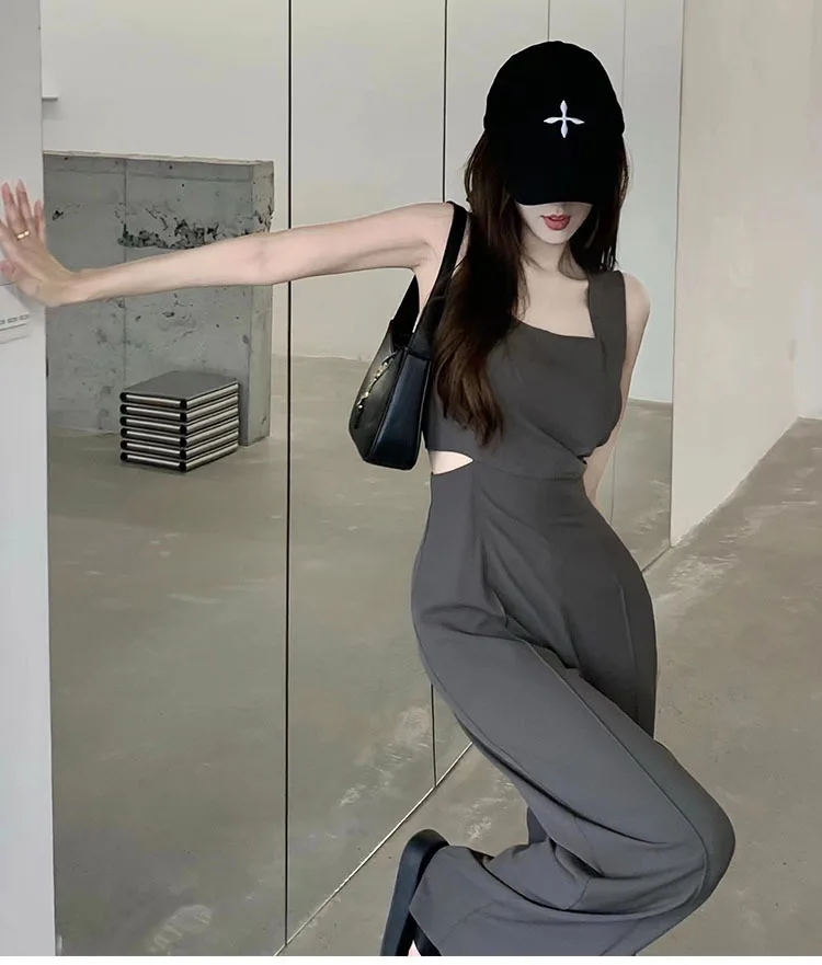 Jumpsuit Women 2023 Summer Women's New Waist Hollow Sleeveless Black Romper For Ladies Casual Straight Trousers Long Overalls