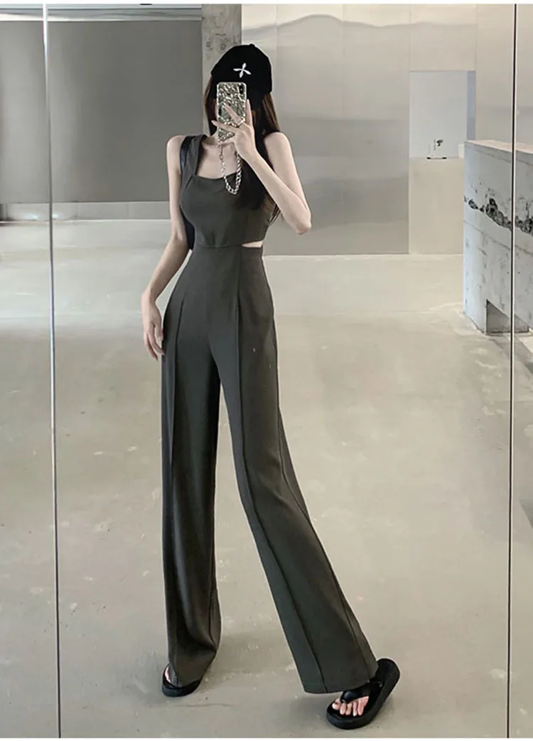 Jumpsuit Women 2023 Summer Women's New Waist Hollow Sleeveless Black Romper For Ladies Casual Straight Trousers Long Overalls