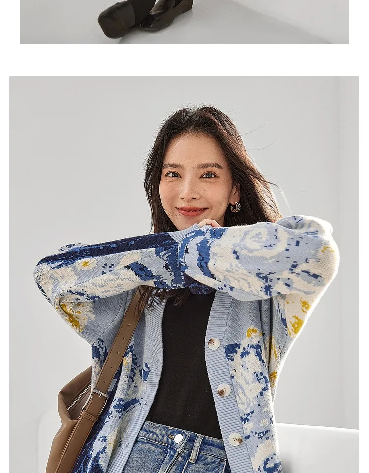 Winter Cardigan for Women 2026 Designer Knitted Sweater Coat Female New Fashion Printing Thick V-neck Casual Oversize Jumpers
