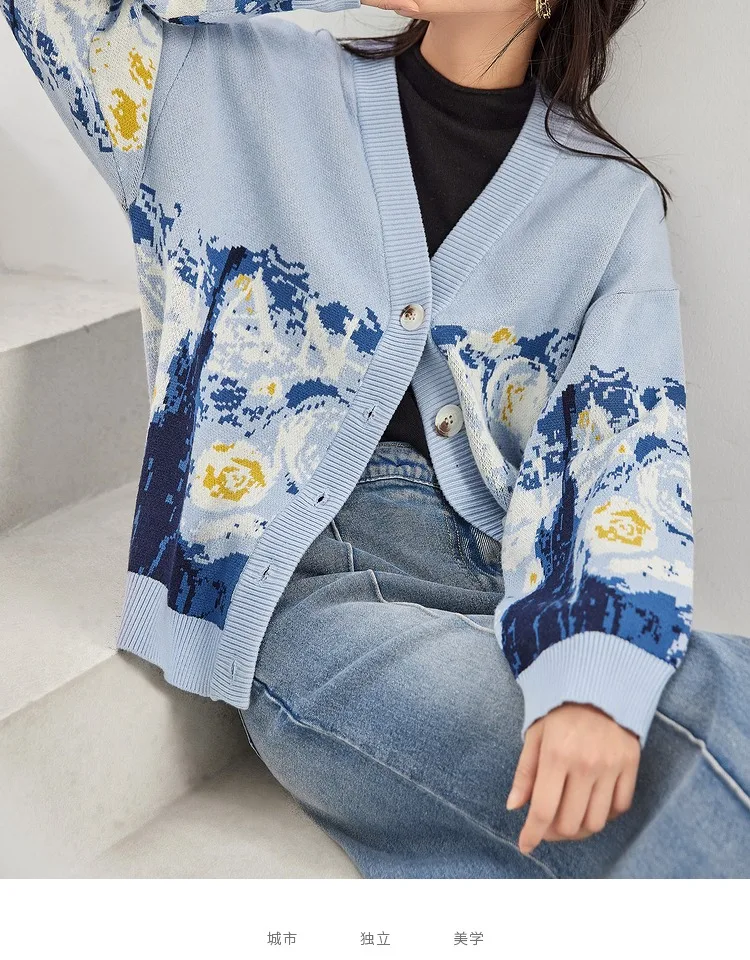 Winter Cardigan for Women 2026 Designer Knitted Sweater Coat Female New Fashion Printing Thick V-neck Casual Oversize Jumpers