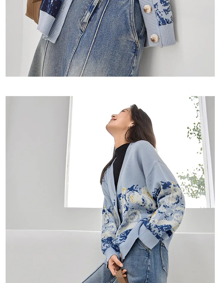 Winter Cardigan for Women 2026 Designer Knitted Sweater Coat Female New Fashion Printing Thick V-neck Casual Oversize Jumpers