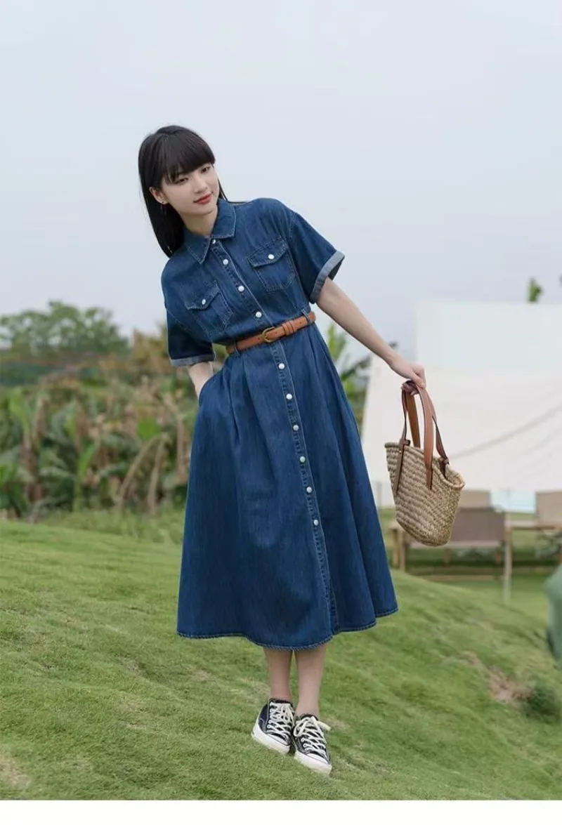 Imitation Denim Dress for Women Vintage Short Sleeve Single Breasted Slimming A-line Shirt Dresses with Belt