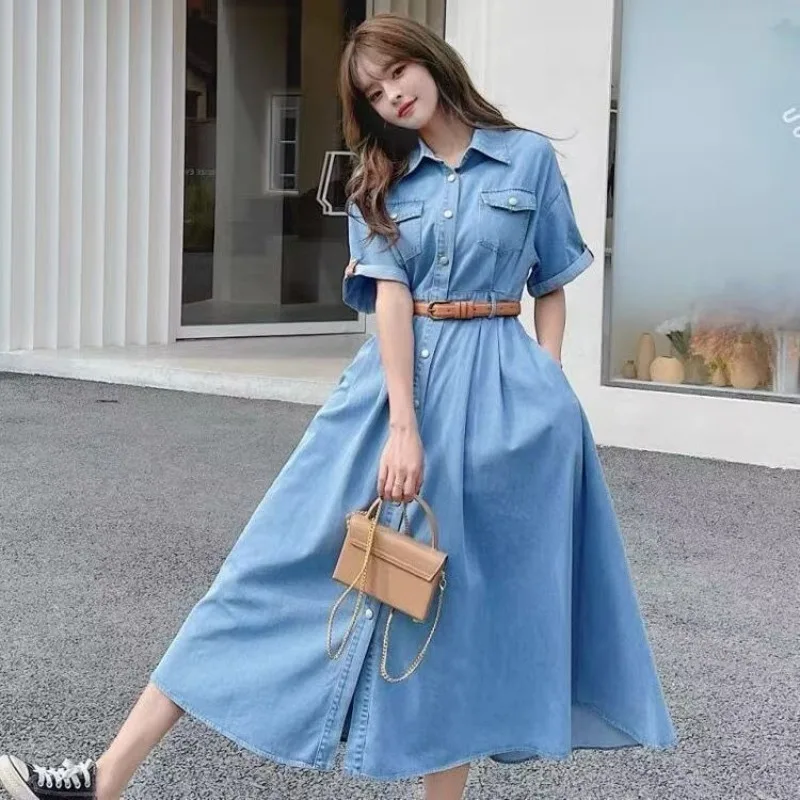 Imitation Denim Dress for Women Vintage Short Sleeve Single Breasted Slimming A-line Shirt Dresses with Belt