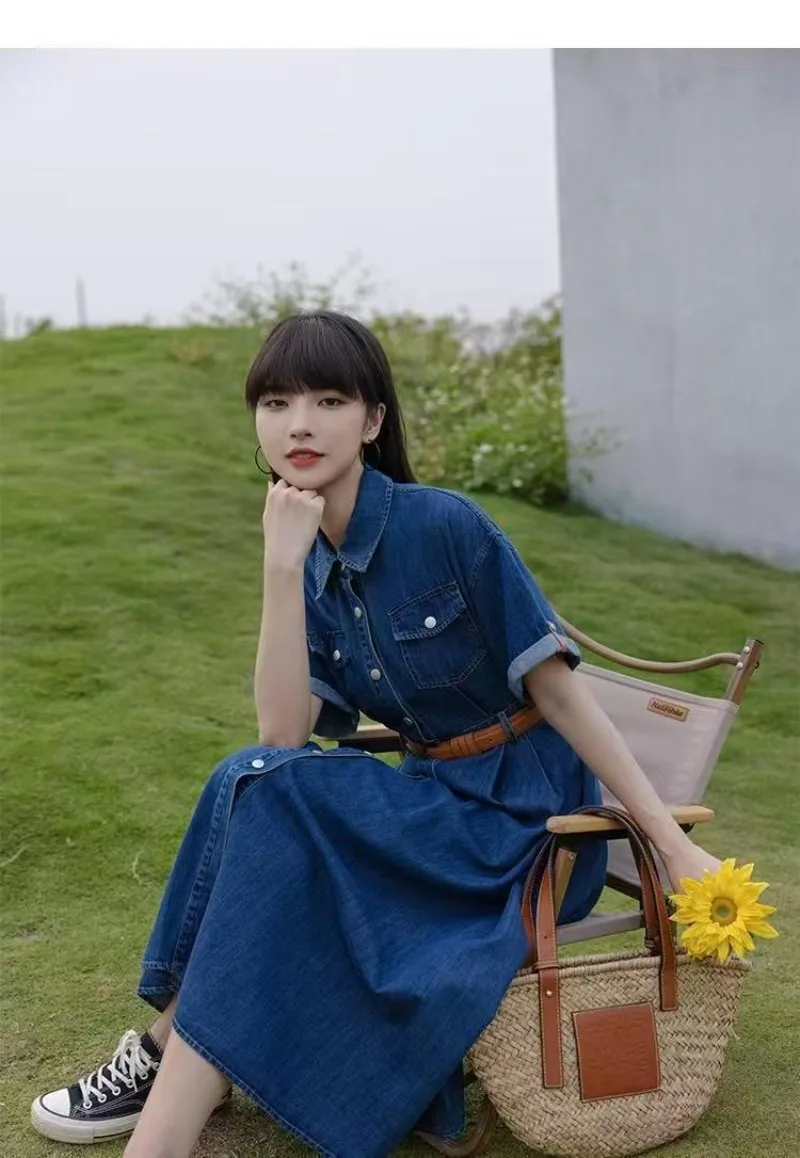 Imitation Denim Dress for Women Vintage Short Sleeve Single Breasted Slimming A-line Shirt Dresses with Belt