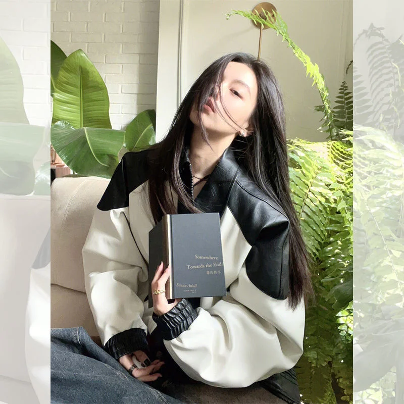 American Fashion Retro Slim Loose Commuting Simple Leather Motorcycle Coat Women's Spring and Autumn Premium Baseball uniform Ja