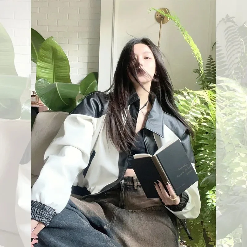 American Fashion Retro Slim Loose Commuting Simple Leather Motorcycle Coat Women's Spring and Autumn Premium Baseball uniform Ja