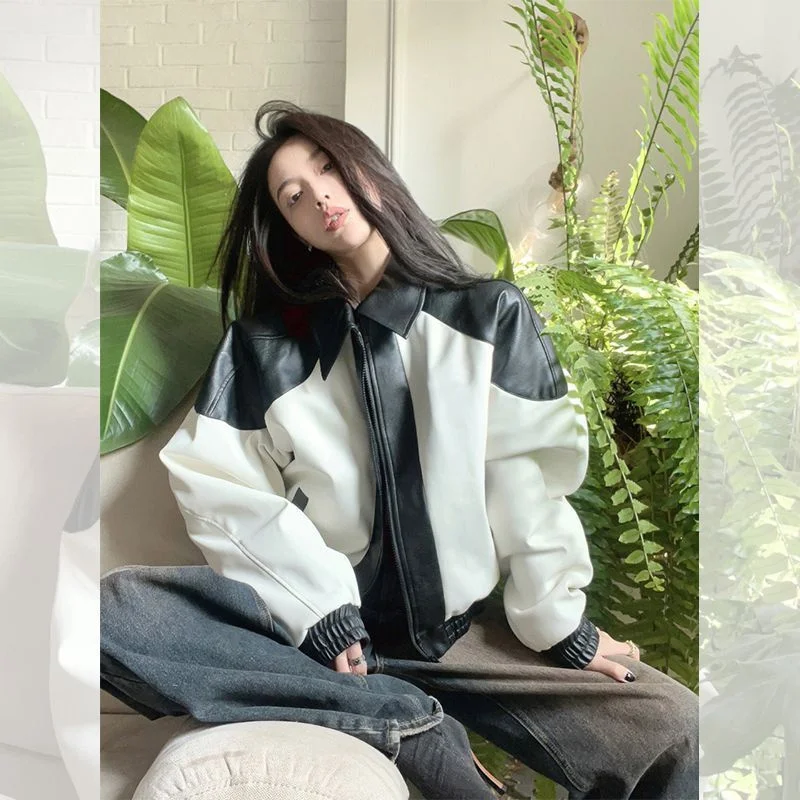 American Fashion Retro Slim Loose Commuting Simple Leather Motorcycle Coat Women's Spring and Autumn Premium Baseball uniform Ja