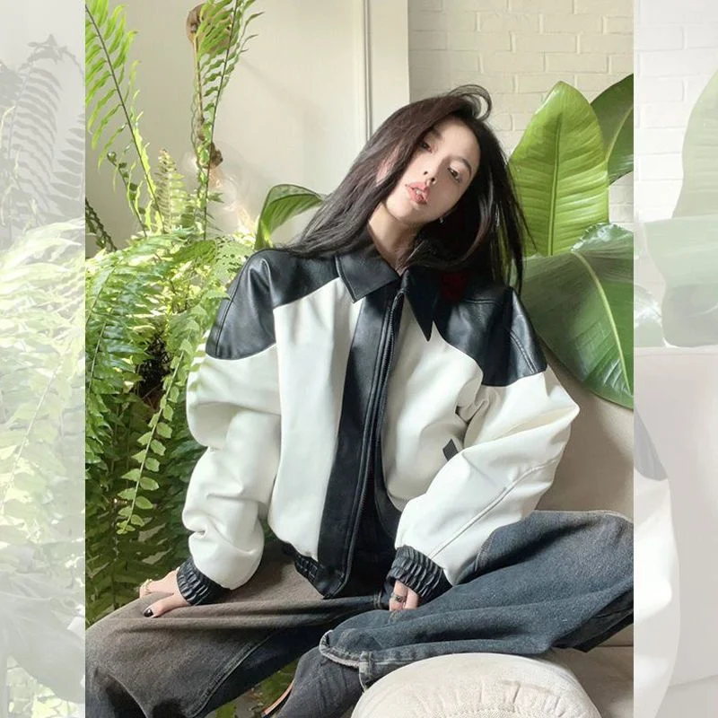 American Fashion Retro Slim Loose Commuting Simple Leather Motorcycle Coat Women's Spring and Autumn Premium Baseball uniform Ja