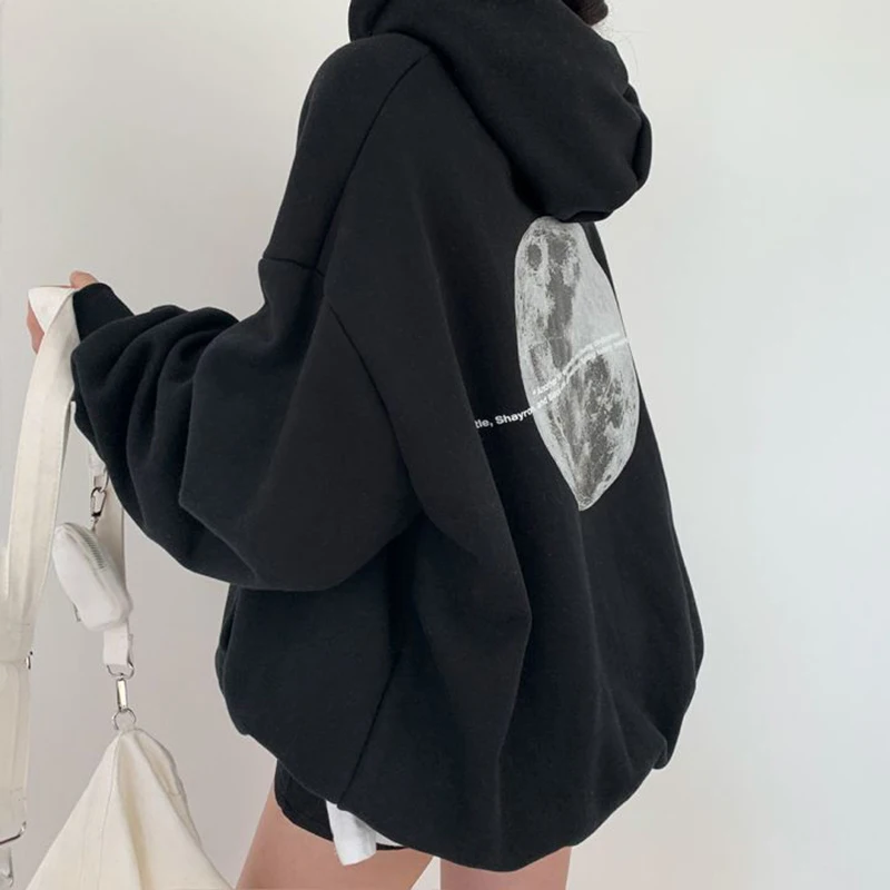 Gidyq Streetwear Women Sweatshirt American Style Fashion Moon Print Loose Hoodies Autumn Casual Female Thick Warm Coat New