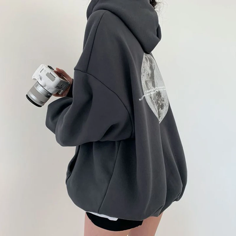 Gidyq Streetwear Women Sweatshirt American Style Fashion Moon Print Loose Hoodies Autumn Casual Female Thick Warm Coat New