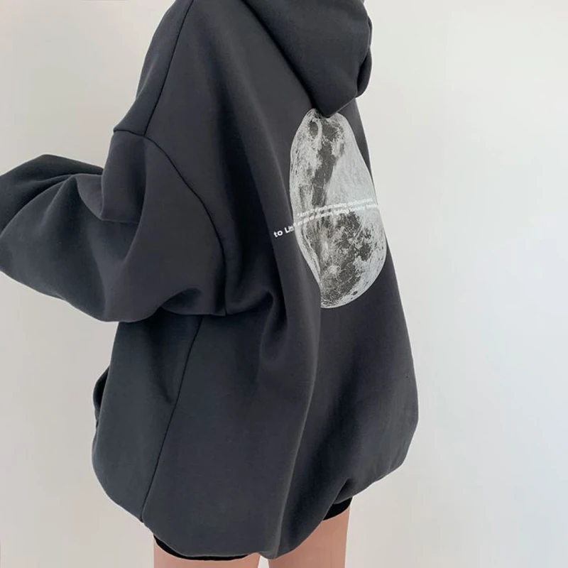 Gidyq Streetwear Women Sweatshirt American Style Fashion Moon Print Loose Hoodies Autumn Casual Female Thick Warm Coat New