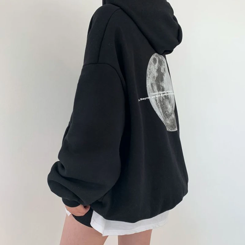 Gidyq Streetwear Women Sweatshirt American Style Fashion Moon Print Loose Hoodies Autumn Casual Female Thick Warm Coat New