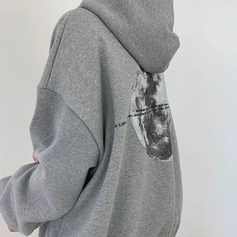 Gidyq Streetwear Women Sweatshirt American Style Fashion Moon Print Loose Hoodies Autumn Casual Female Thick Warm Coat New