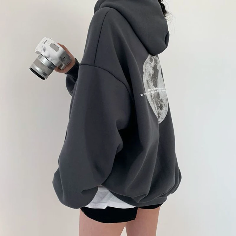 Gidyq Streetwear Women Sweatshirt American Style Fashion Moon Print Loose Hoodies Autumn Casual Female Thick Warm Coat New