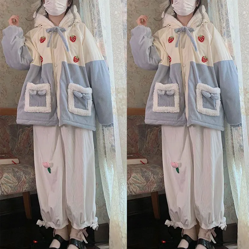 Japanese Sweet Corduroy Parkas Jacket Women Kawaii Y2k Strawberry Embroidery Hooded Outwear Female Autumn Winter Plush Warm Coat