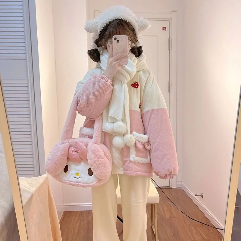 Japanese Sweet Corduroy Parkas Jacket Women Kawaii Y2k Strawberry Embroidery Hooded Outwear Female Autumn Winter Plush Warm Coat