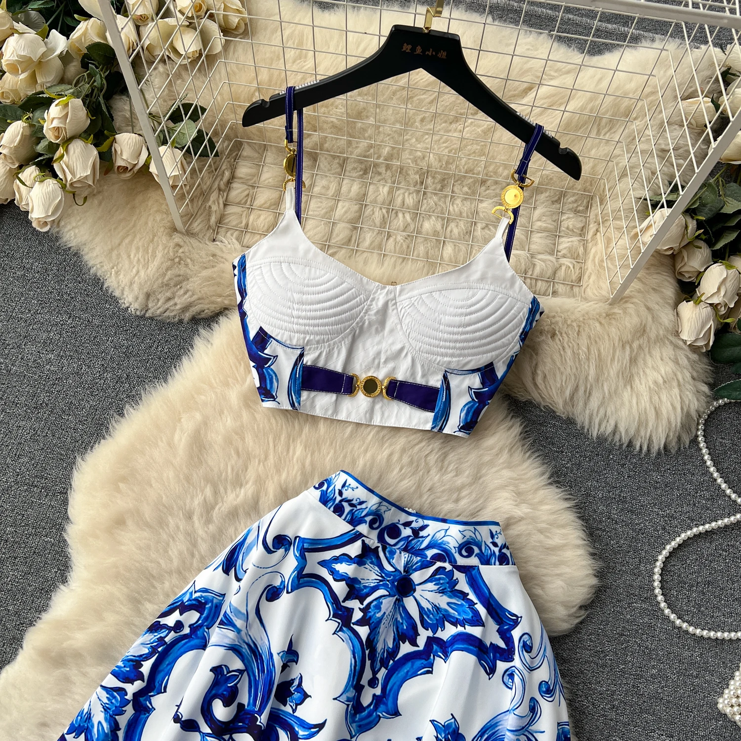 Summer Bohemain Blue And White Porcelain 2 Pieces Set Women Spaghetti Strap Padded Cup Tank Camis Tops + Print Long Skirt Suit