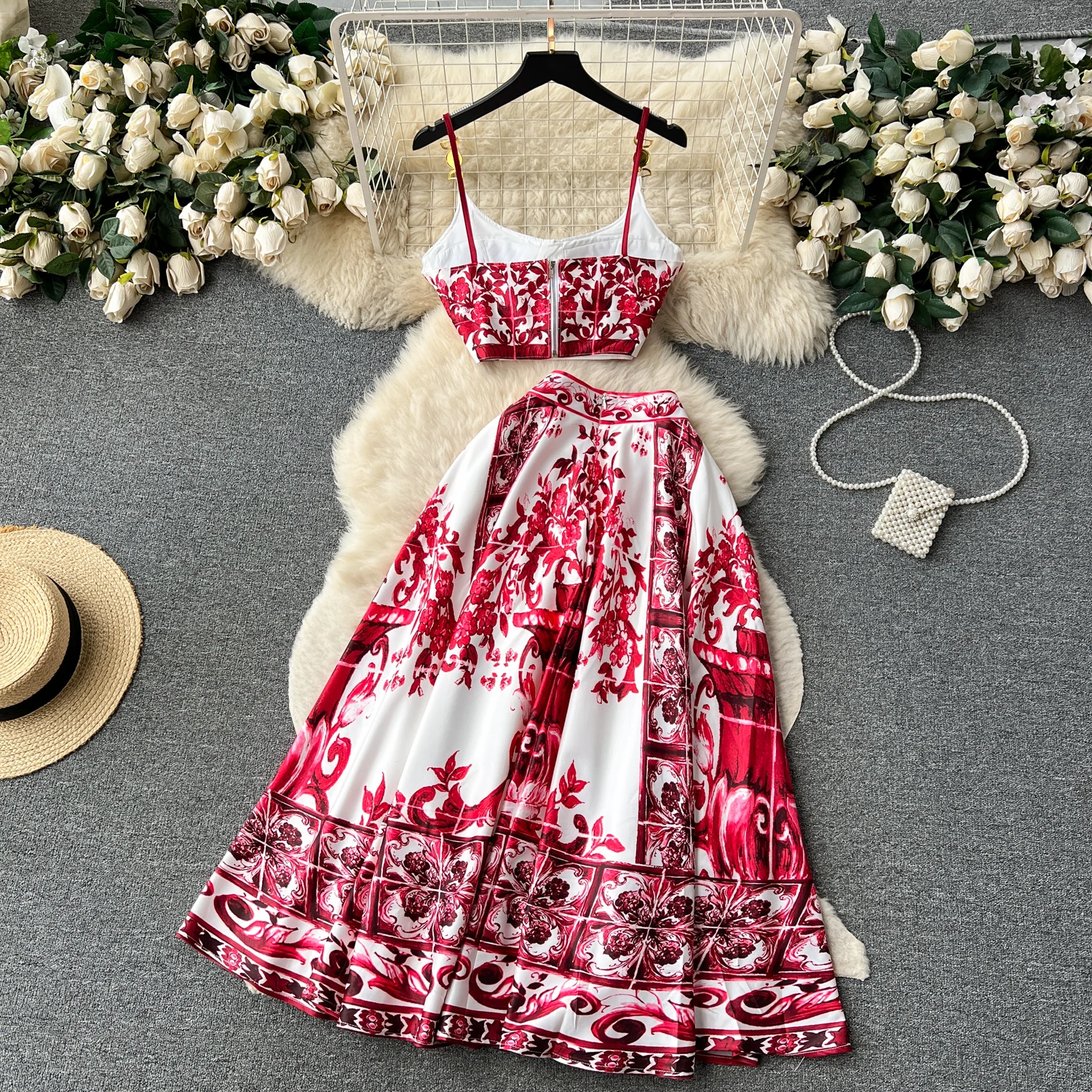 Summer Bohemain Blue And White Porcelain 2 Pieces Set Women Spaghetti Strap Padded Cup Tank Camis Tops + Print Long Skirt Suit
