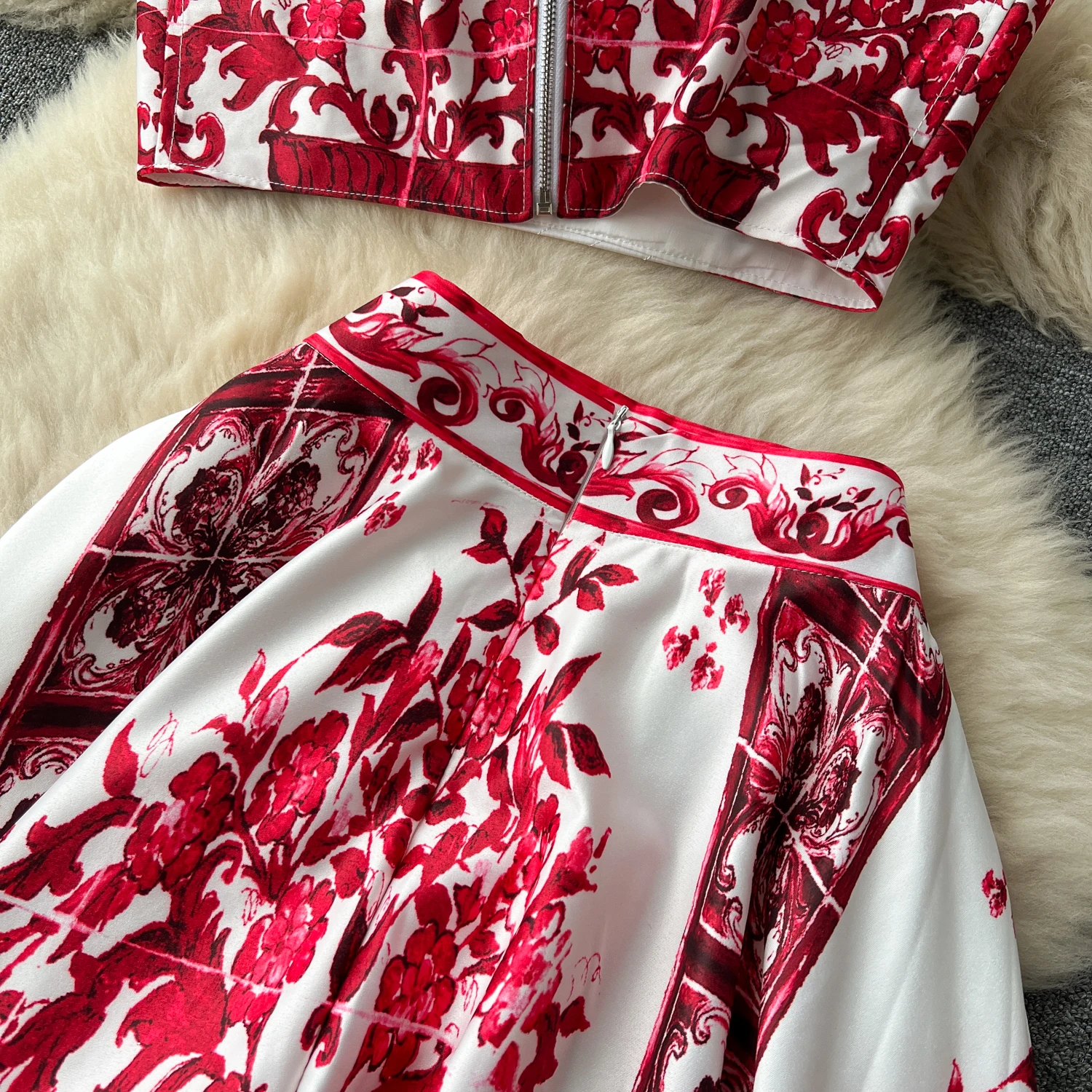Summer Bohemain Blue And White Porcelain 2 Pieces Set Women Spaghetti Strap Padded Cup Tank Camis Tops + Print Long Skirt Suit