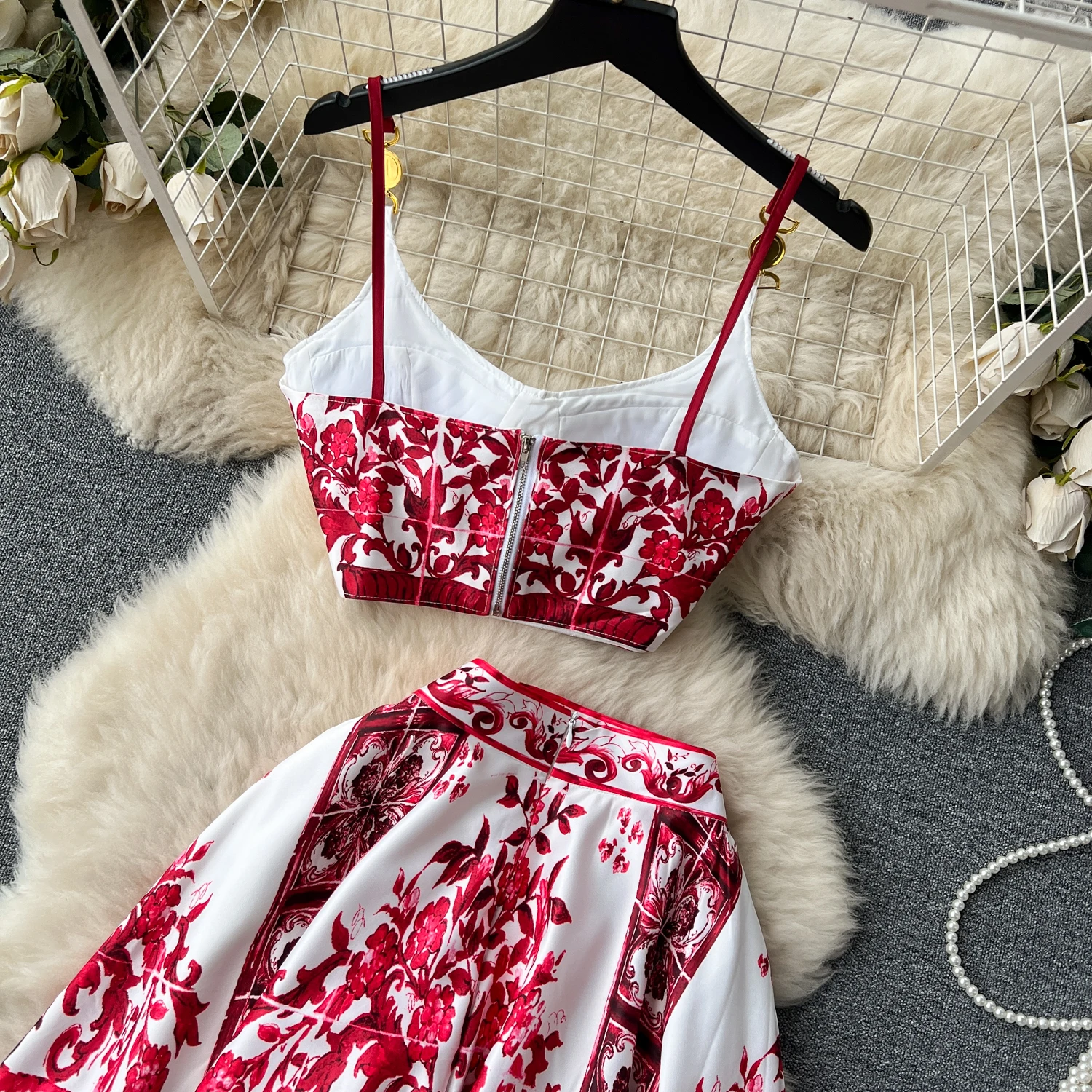 Summer Bohemain Blue And White Porcelain 2 Pieces Set Women Spaghetti Strap Padded Cup Tank Camis Tops + Print Long Skirt Suit