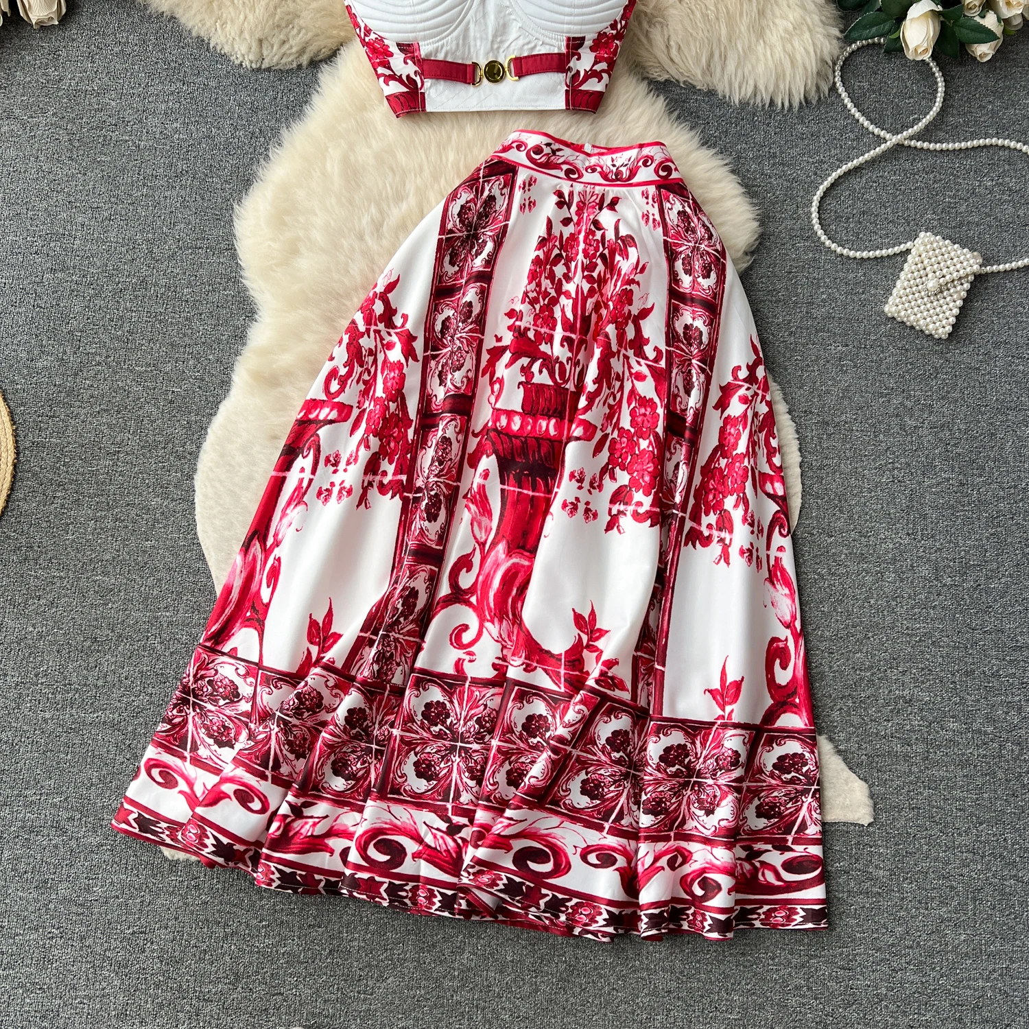 Summer Bohemain Blue And White Porcelain 2 Pieces Set Women Spaghetti Strap Padded Cup Tank Camis Tops + Print Long Skirt Suit