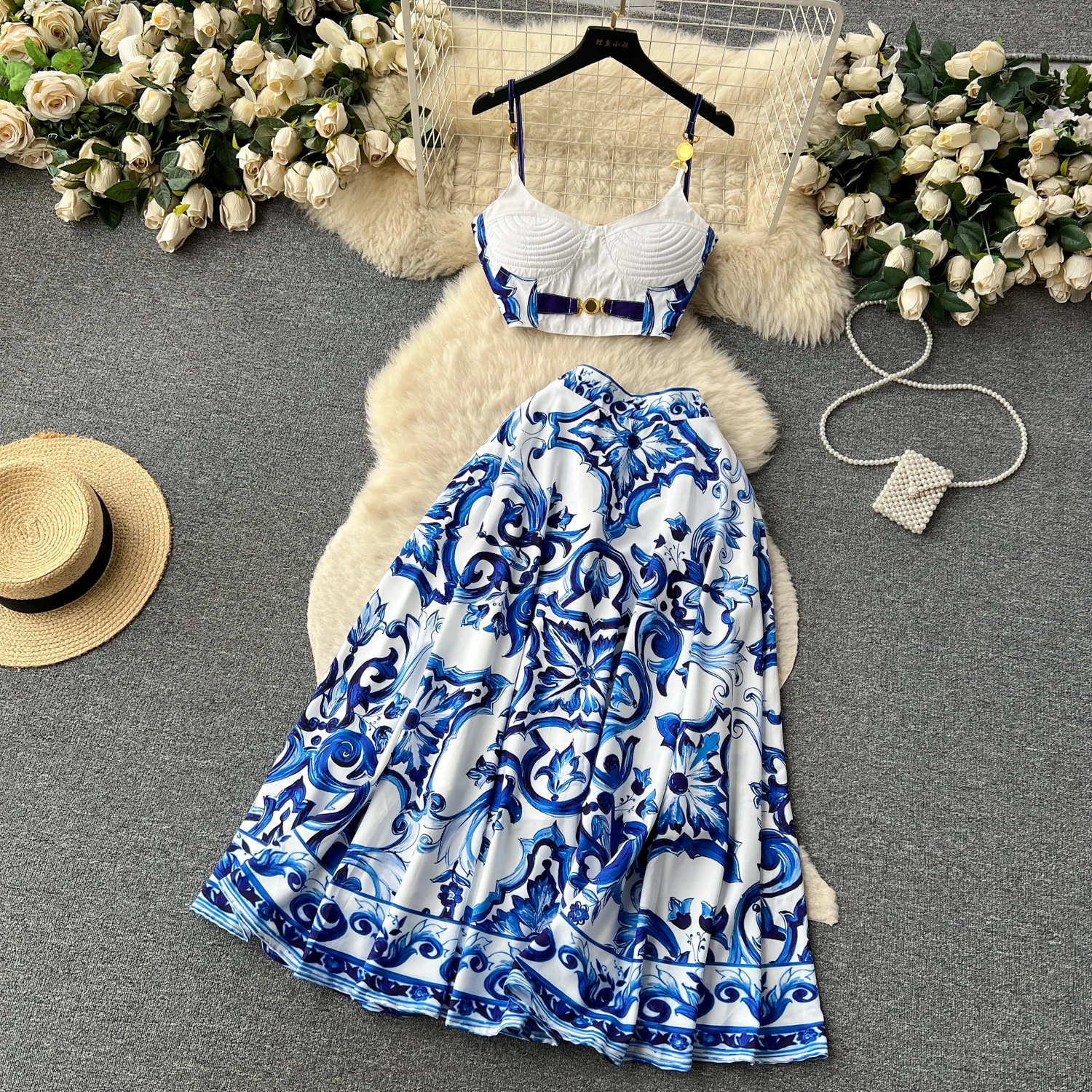 Summer Bohemain Blue And White Porcelain 2 Pieces Set Women Spaghetti Strap Padded Cup Tank Camis Tops + Print Long Skirt Suit