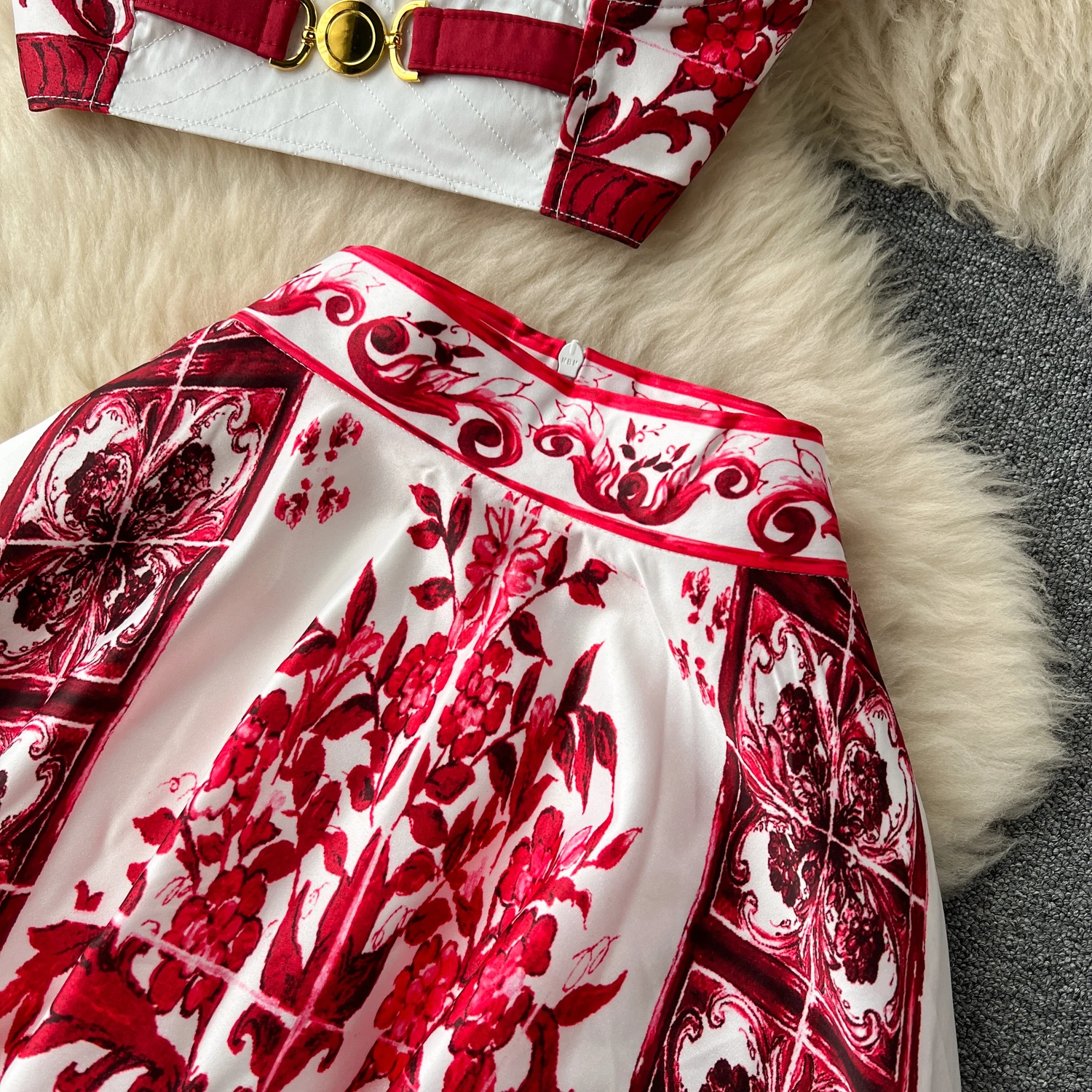 Summer Bohemain Blue And White Porcelain 2 Pieces Set Women Spaghetti Strap Padded Cup Tank Camis Tops + Print Long Skirt Suit